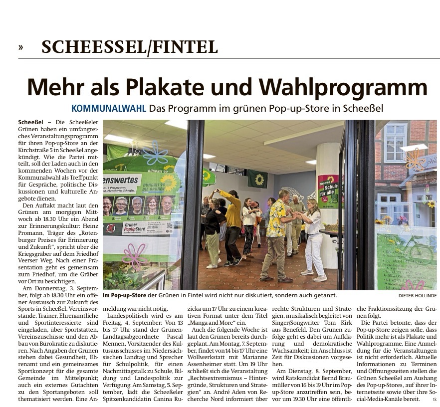 Screenshot zum Grünen PopUp-Store in Scheeßel aus der Rotenburger Kreiszeitung